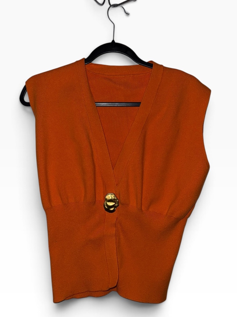 Commense Women's V-Neck Sweater Vest in Bright Rust Orange with Gold Button